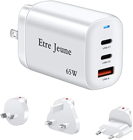 65 w-os USB-C Töltő, Etre Jeune 3-Port GaN Töltő PD & QC3.0 gyorstöltő Kompakt Összecsukható Fali Töltő Kompatibilis